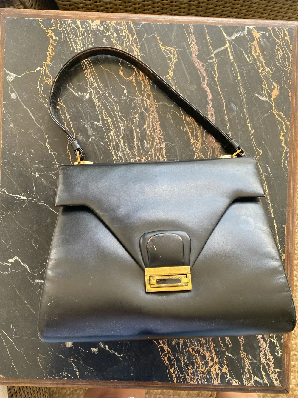 Classic Black Leather Shoulder Bag with Gold Tone Hardware